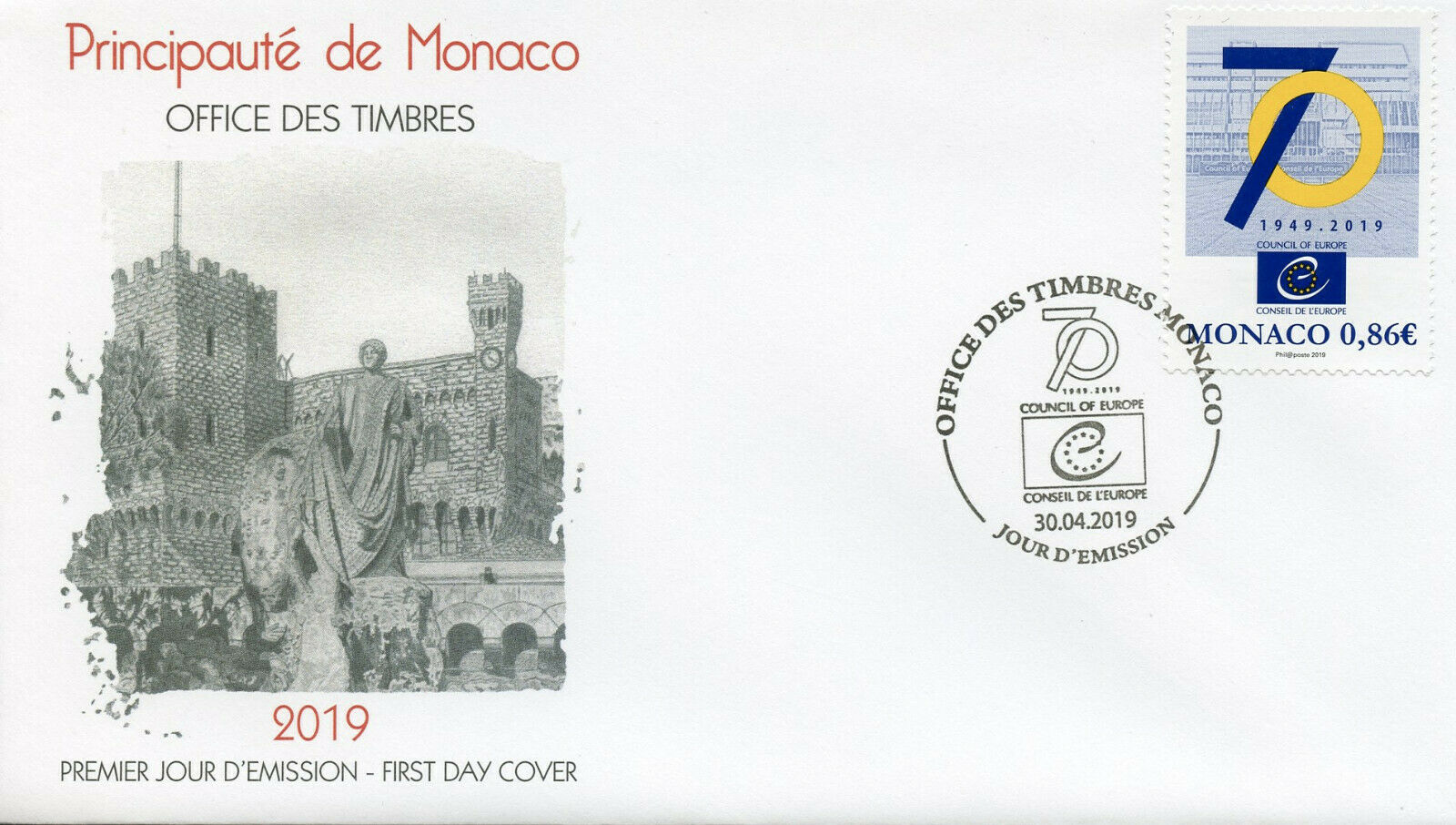 Monaco 2019 FDC Council of Europe 70 Years 1v Set Cover EU Politics Stamps