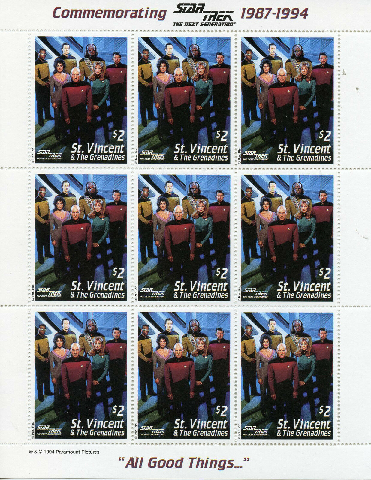 St Vincent & Grenadines 1994 MNH Star Trek Next Generation 2x 9v M/S Stamps