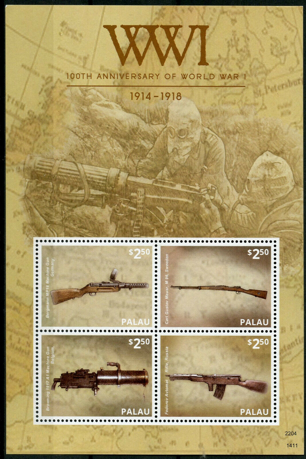 Palau 2014 MNH WWI WW1 World War I Guns Browning 4v M/S Weapons Military Stamps