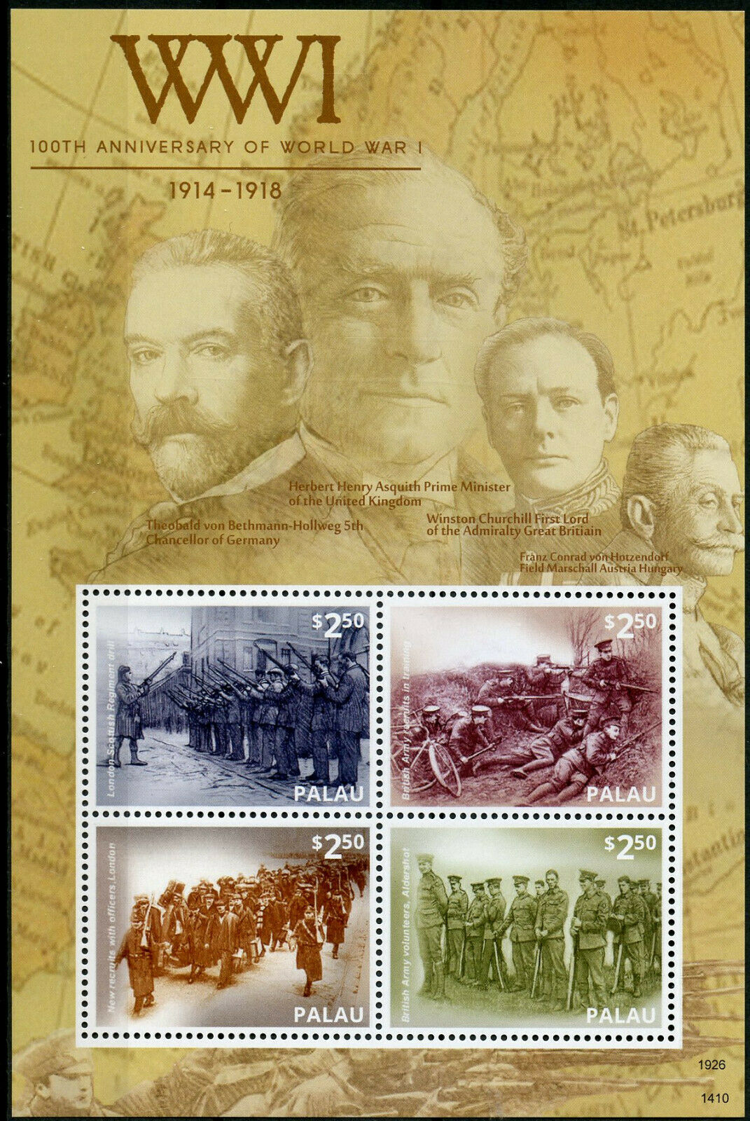 Palau 2014 MNH WWI WW1 100th Anniv World War I Winston Churchill 4v M/S Stamps