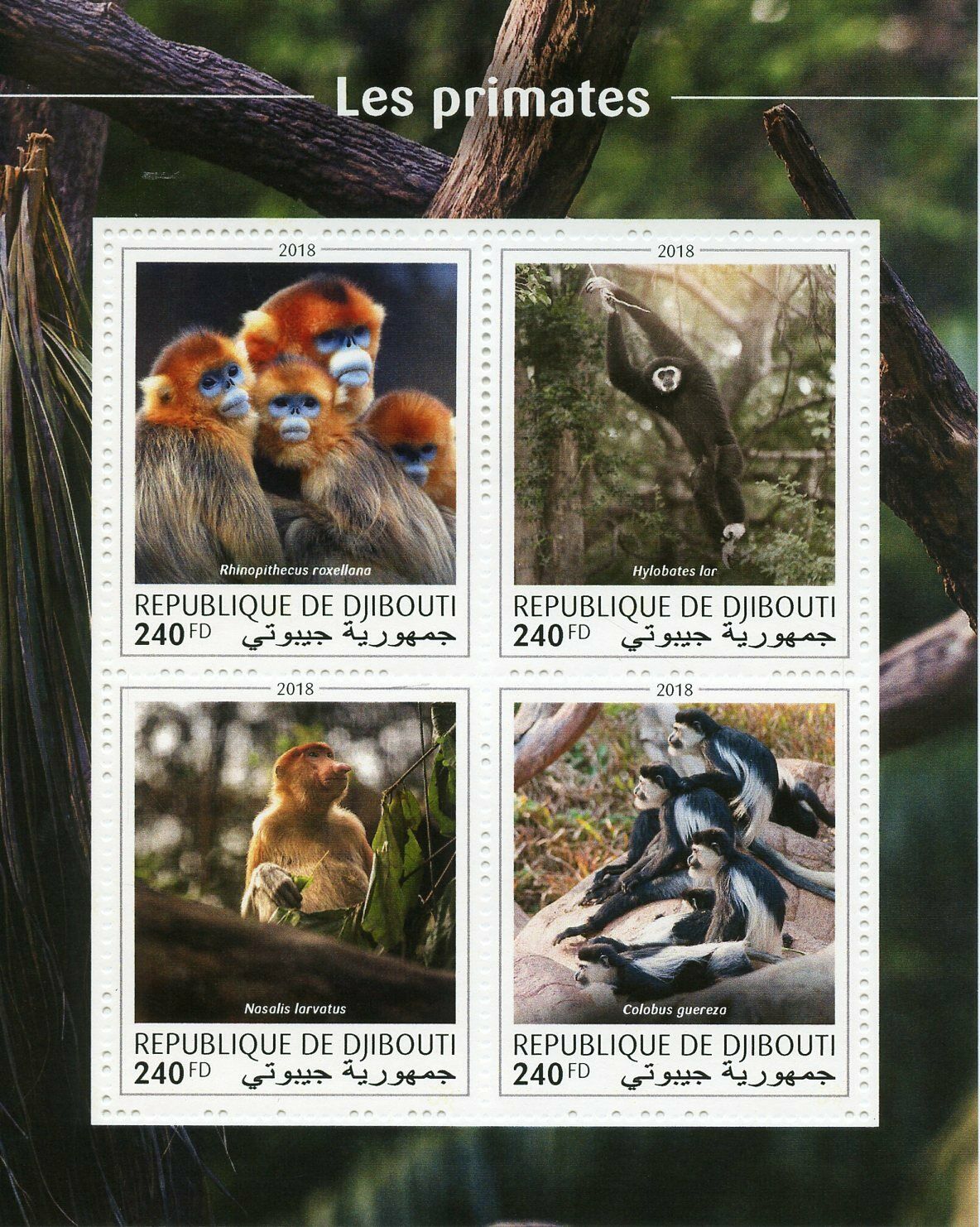 Djibouti Monkeys Stamps 2018 MNH Primates Wild Animals Lar Gibbon Fauna 4v M/S