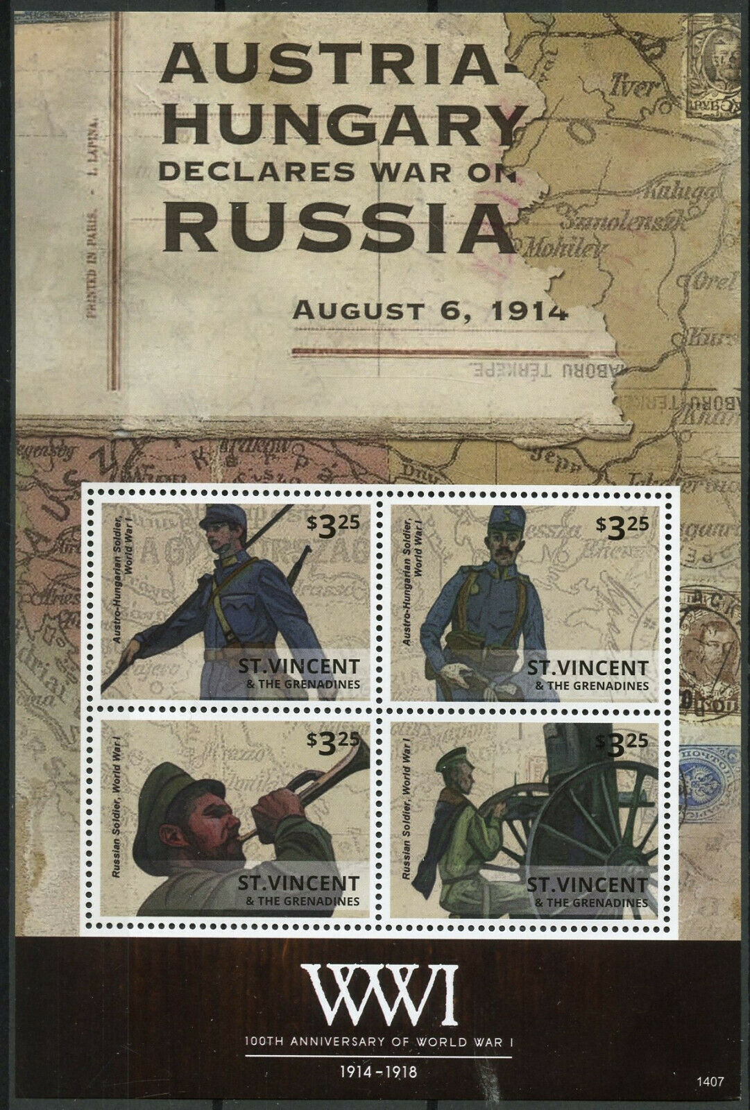 St Vincent & Grenadines 2014 MNH WWI World War I Austria-Hungary 4v M/S Stamps
