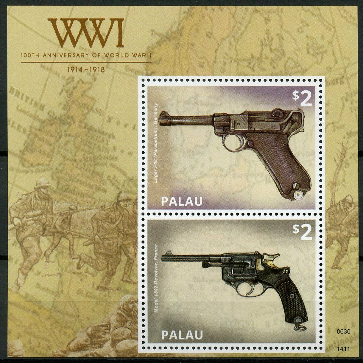 Palau 2014 MNH Military Stamps WWI WW1 World War I Guns Weapons Luger 1v S/S
