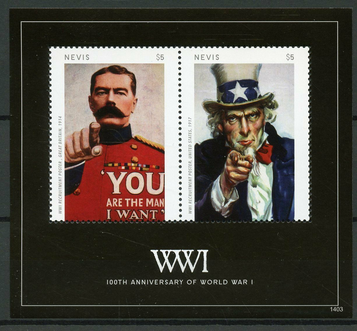 Nevis 2014 MNH WWI WW1 World War I 100th Anniv Posters 2v S/S I Military Stamps