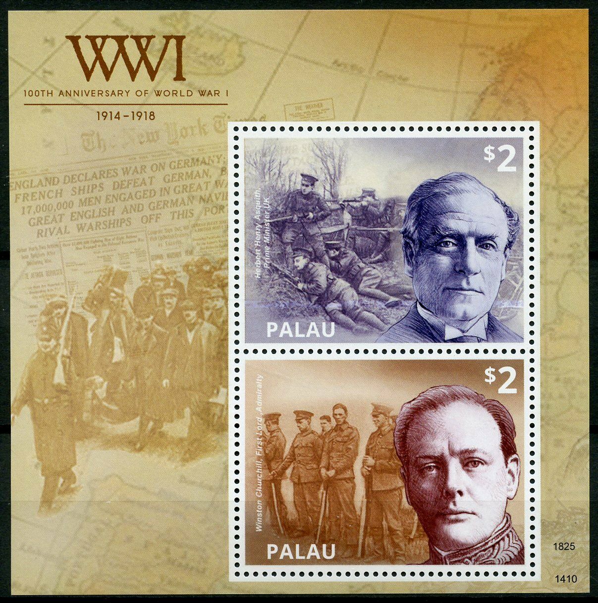 Palau 2014 MNH WWI WW1 World War I Winston Churchill Asquith 2v S/S Stamps