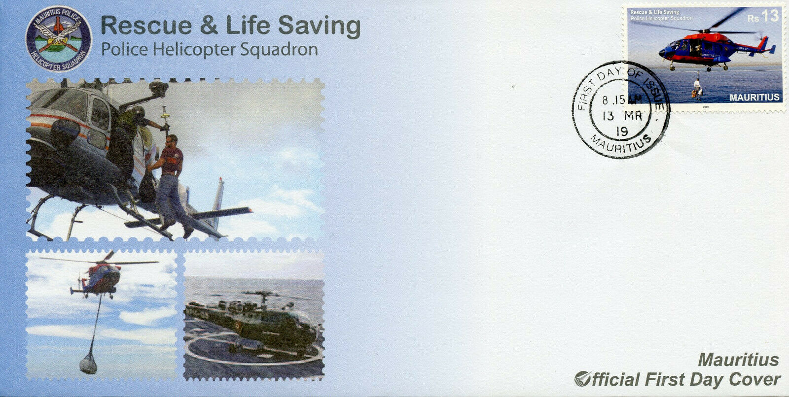 Mauritius Aviation Stamps 2019 FDC Rescue Lifesaving Police Helicopters 1v Set