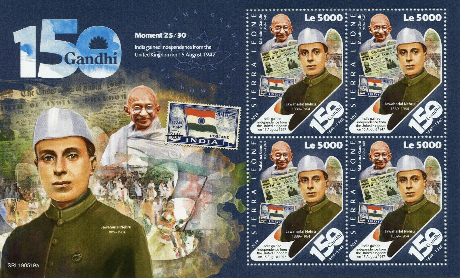 Sierra Leone Mahatma Gandhi Stamps 2019 MNH Moment 25 Nehru Famous People 4v M/S