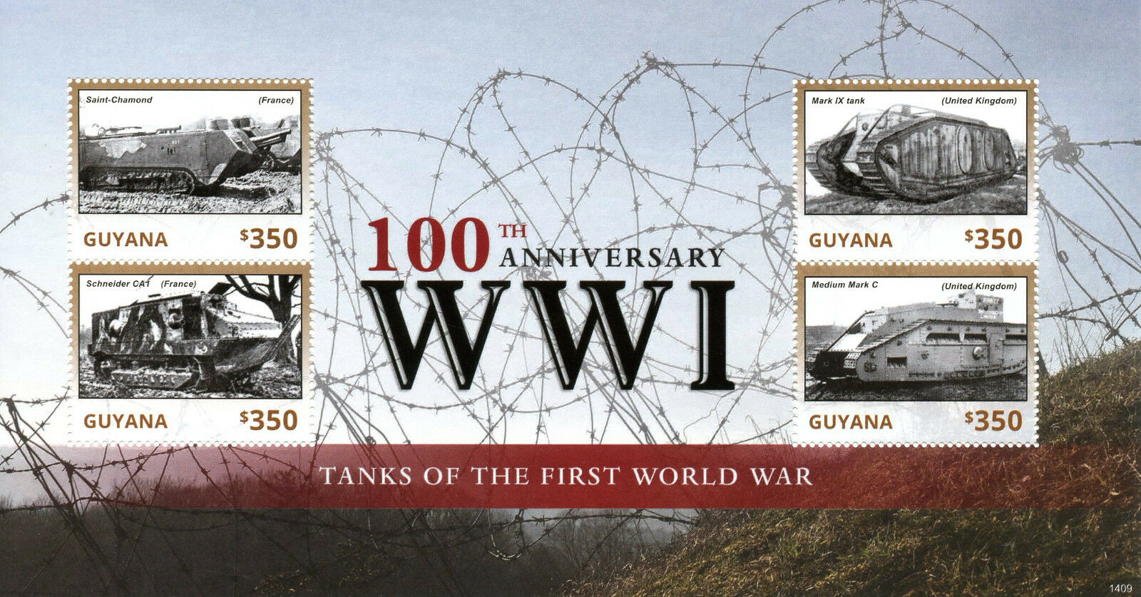 Guyana 2014 MNH WWI WW1 World War I 100th Anniv Tanks 4v M/S Military Stamps