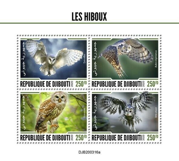Djibouti 2020 MNH Birds on Stamps Owls Great Horned Barred Barn Owl 1v S/S