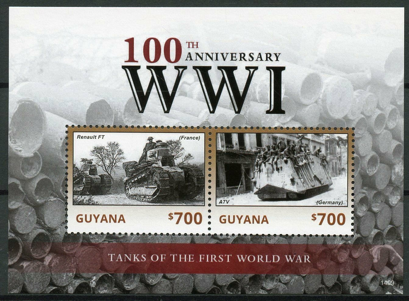 Guyana 2014 MNH WWI WW1 World War I 100th Anniv Tanks 2v S/S Military Stamps