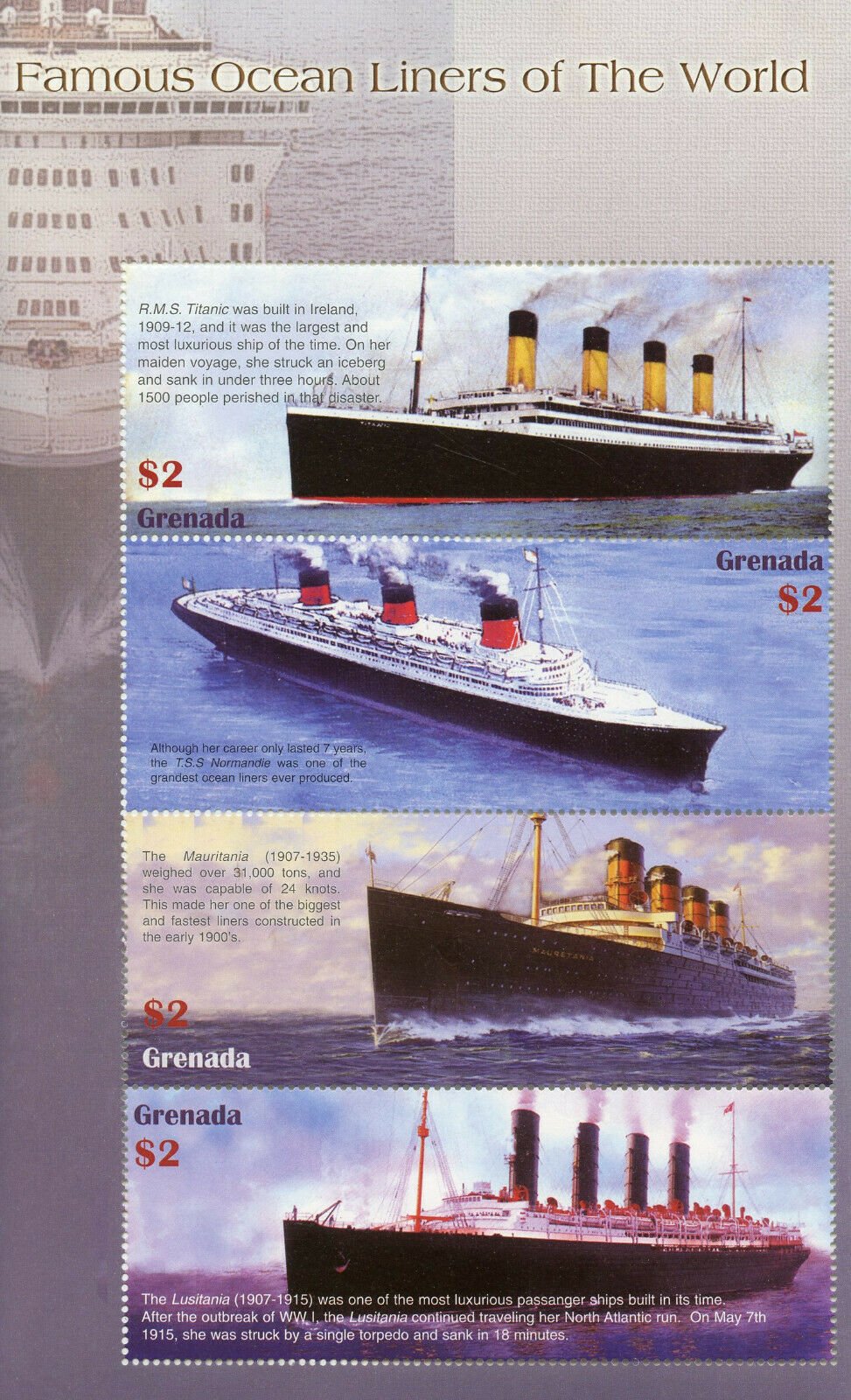 Grenada 2004 MNH Ships Stamps Famous Ocean Liners Titanic Lusitania Boats 4v M/S