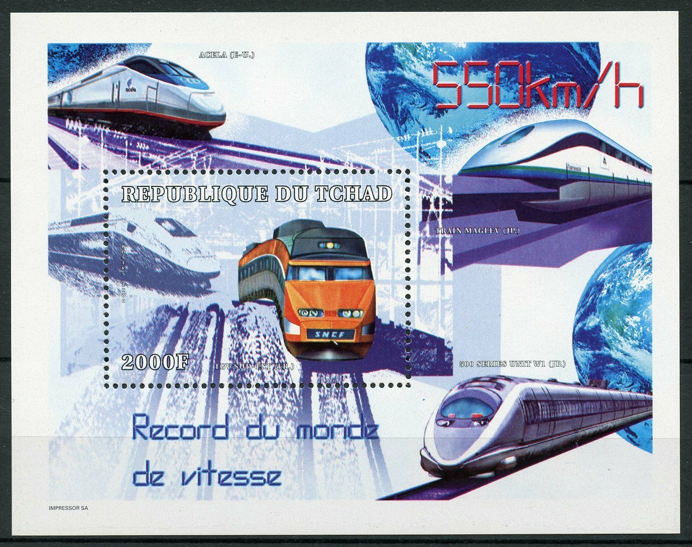 Chad Trains Stamps 2000 MNH High-Speed Train TGV Maglev Railways Rail 1v S/S II