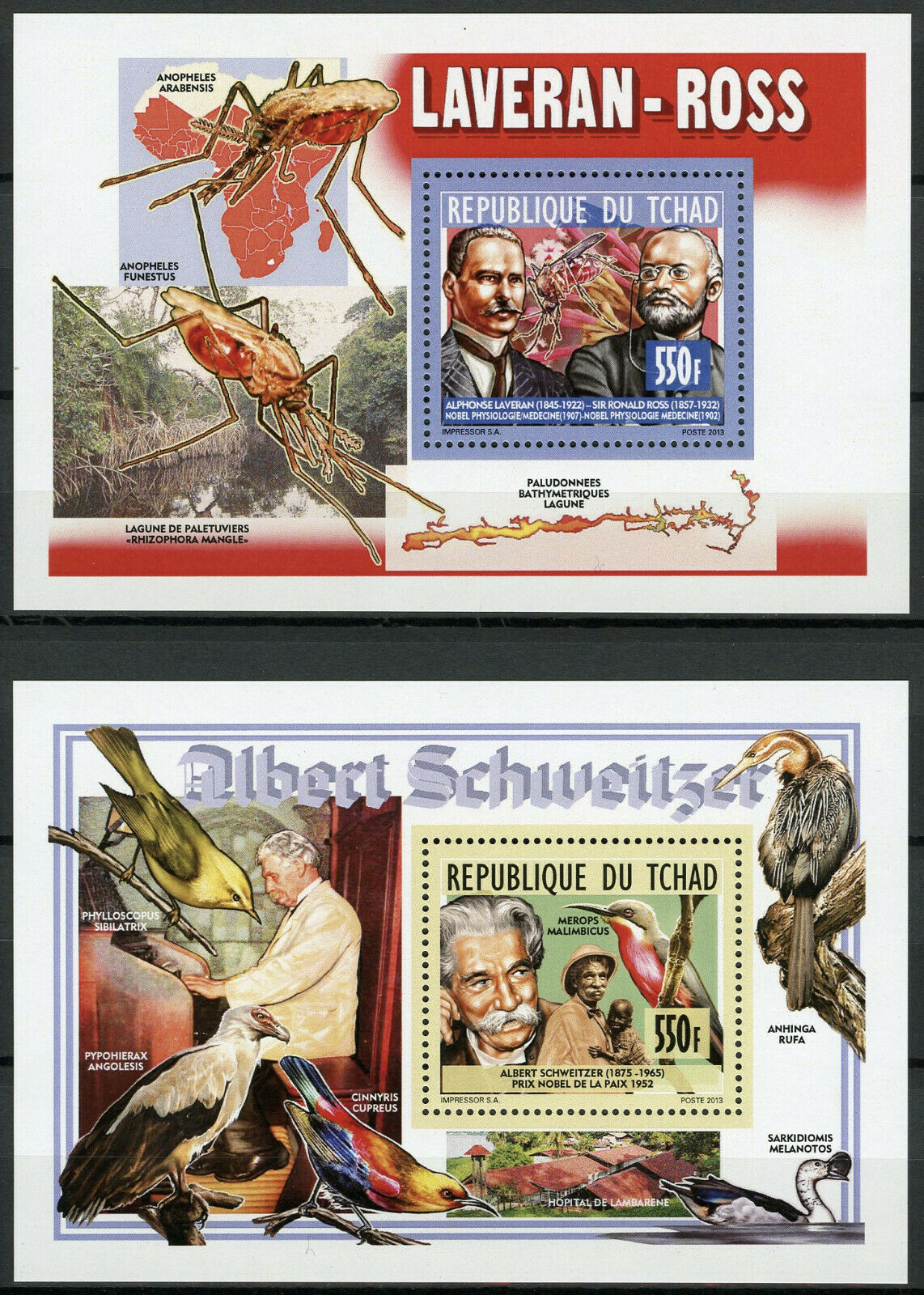 Chad 2013 MNH Schweitzer Laveran Ross 2x 1v Deluxe M/S Birds Insects Stamps
