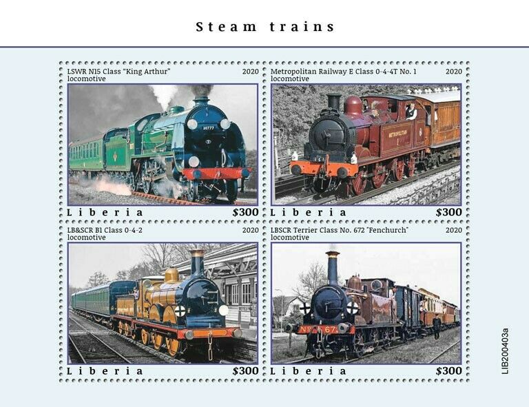 Liberia Steam Trains Stamps 2020 MNH Locomotives King Arthur Railways Rail 4v MS