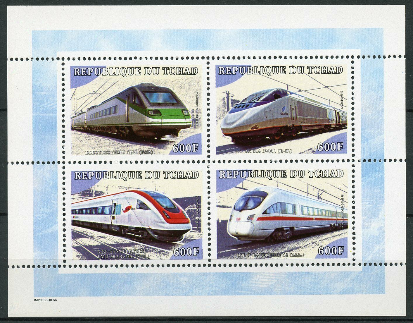 Chad Trains Stamps 2000 MNH High-Speed Train ICE ACELA Railways Rail 4v M/S III