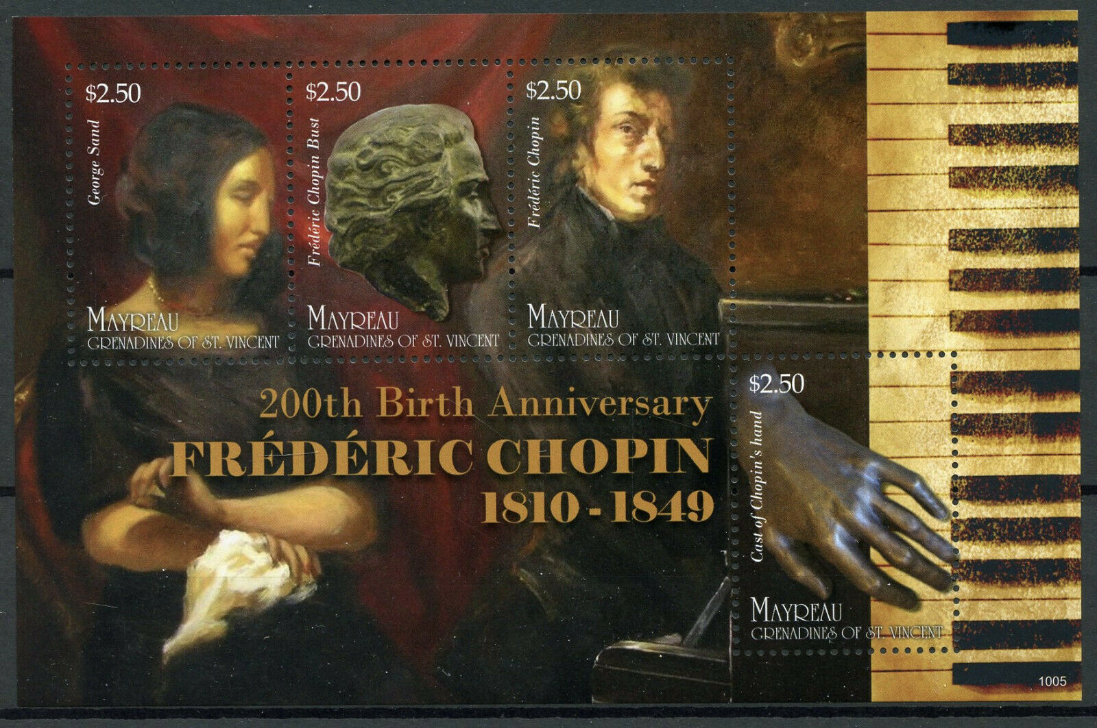 Mayreau Gren St Vincent Music Stamps 2010 MNH Frederic Chopin Composers 4v M/S