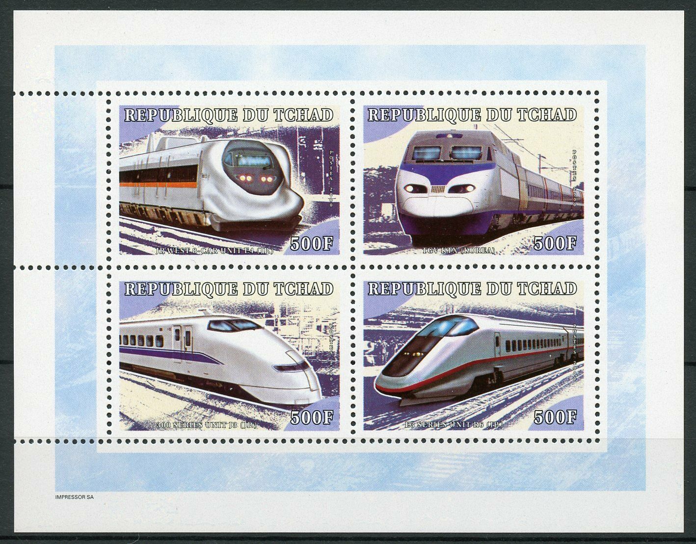 Chad Trains Stamps 2000 MNH High-Speed Train TGV KTX Railways Rail 4v M/S V