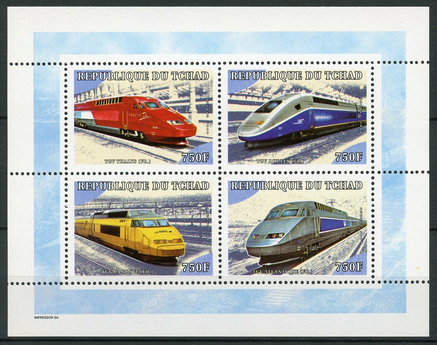Chad Trains Stamps 2000 MNH High-Speed Train Thalys Railways Rail 4v M/S I