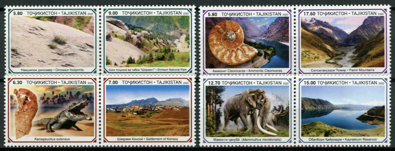 Tajikistan Paleontology Stamps 2020 MNH Dinosaurs Fossils Mammoth 8v Set in Pair
