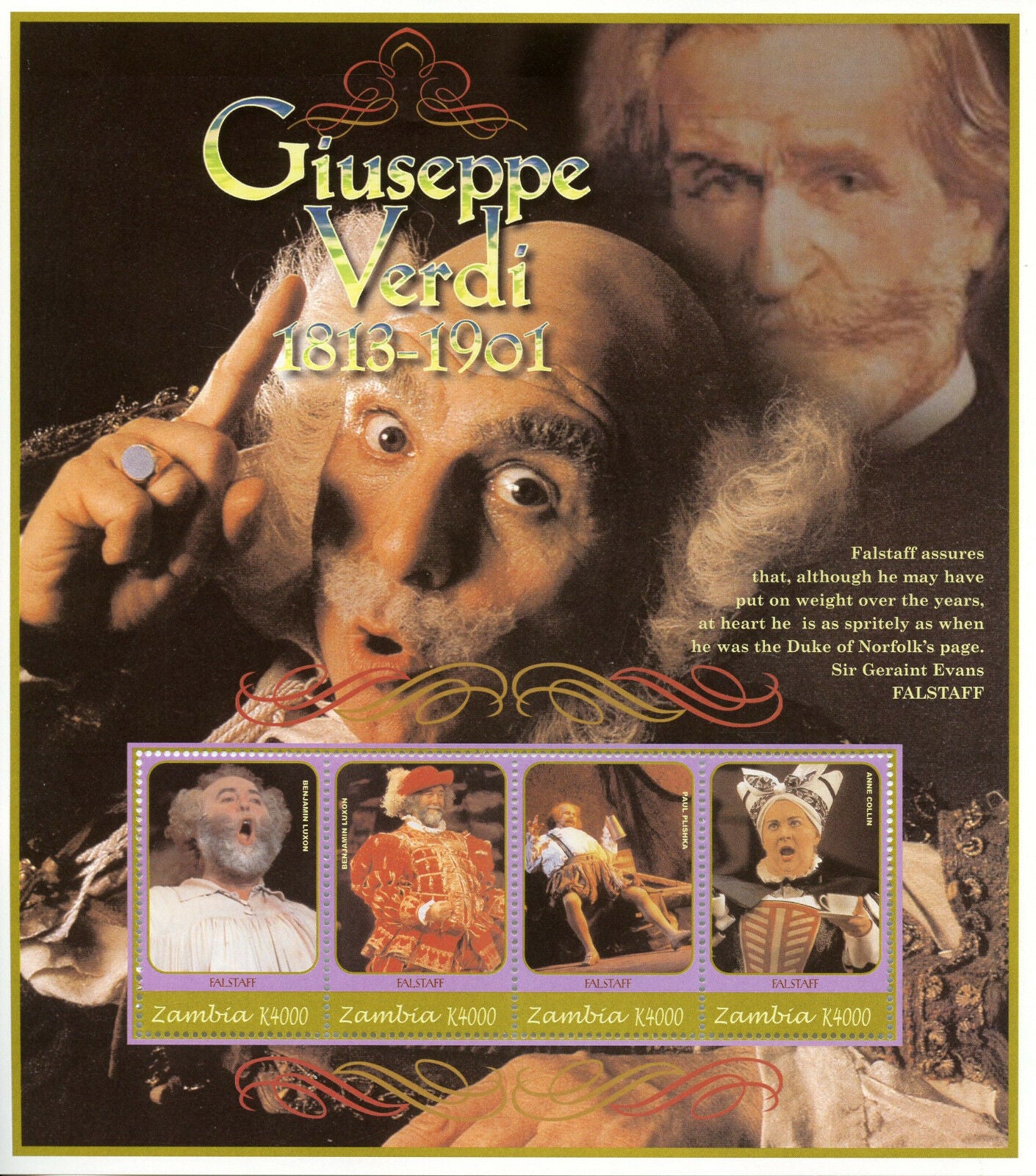 Zambia 2001 MNH Music Stamps Giuseppe Verdi Falstaff Composers Opera 4v M/S