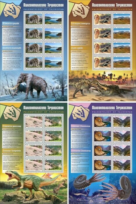 Tajikistan 2020 MNH Paleontology Stamps Fossils Ammonites Dinosaurs 4x 8v M/S