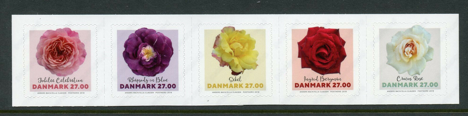 Denmark 2018 MNH Roses Ingrid Bergman Crocus Rose 5v S/A Strip Flowers Stamps