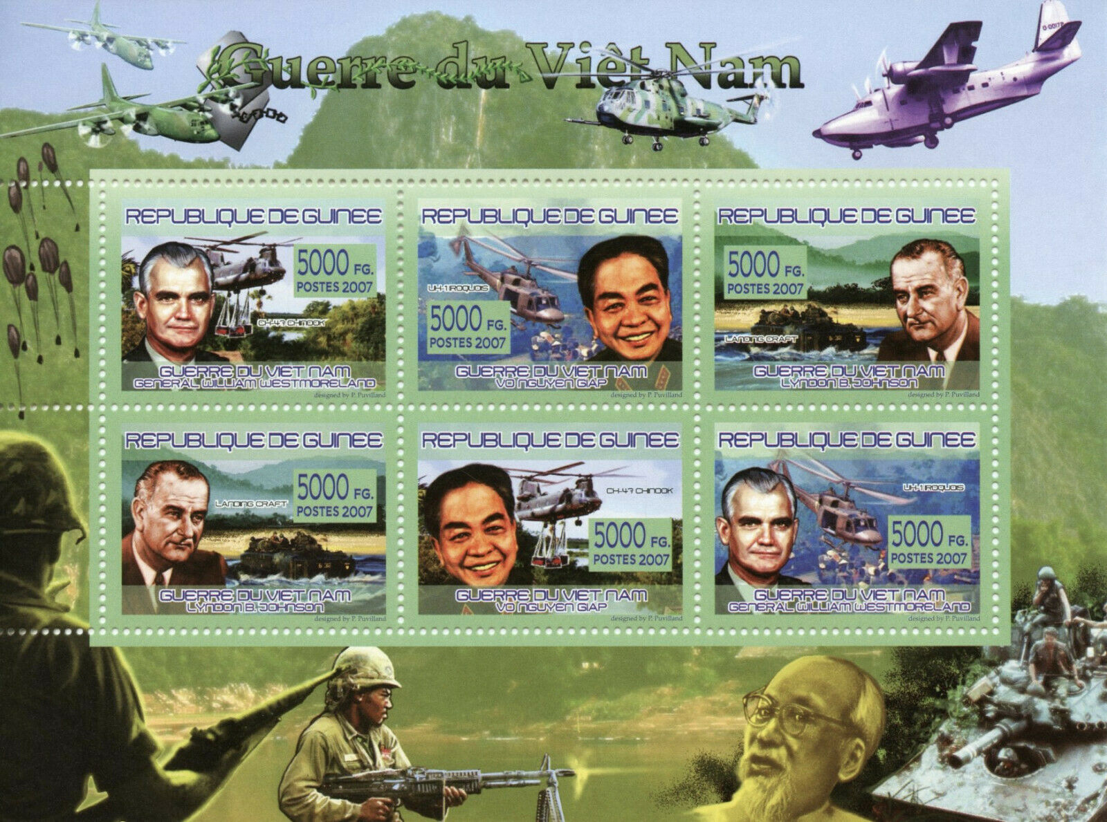 Guinea Military Stamps 2007 MNH Vietnam War Helicopters Lyndon B. Johnson 6v M/S