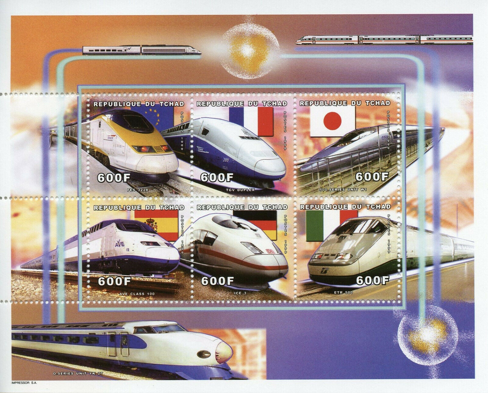 Chad High-Speed Trains Stamps 1999 MNH TGV Duplex ICE AVE Railways Rail 6v M/S