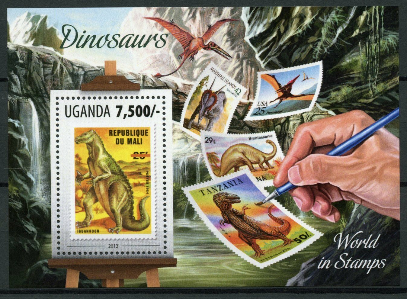 Uganda World in Stamps 2013 MNH Dinosaurs Iguanodon Stamps-on-Stamps SOS 1v S/S