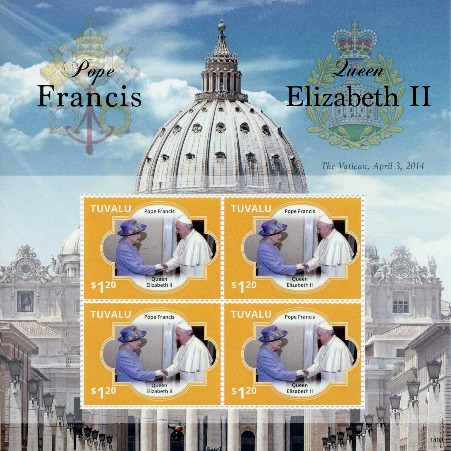 Tuvalu Royalty Stamps 2014 MNH Pope Francis Meets Queen Elizabeth II 4v M/S II