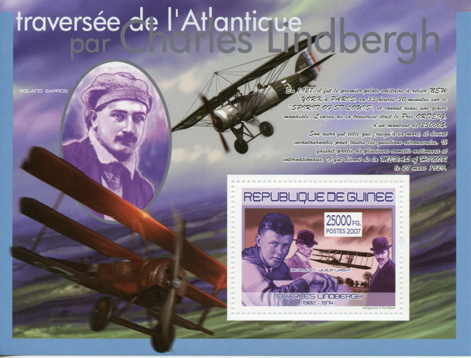 Guinea Aviation Stamps 2007 MNH Charles Lindbergh Atlantic Crossing 1v S/S III