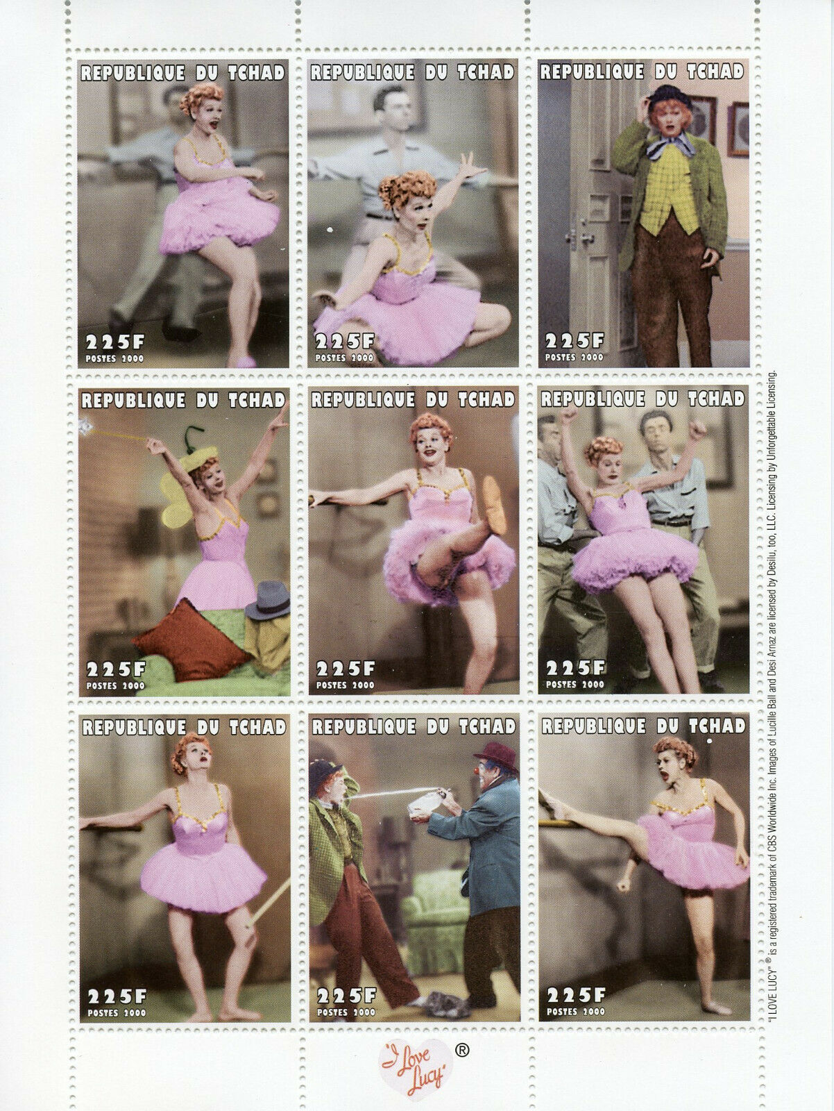 Chad Stamps 2000 MNH I Love Lucy Sitcom TV Series Clowns 9v M/S