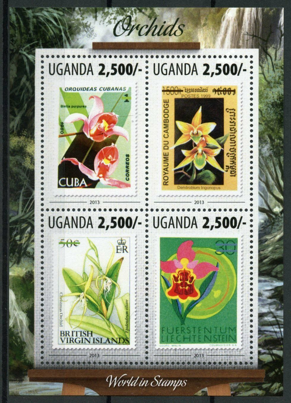 Uganda 2013 MNH Flowers Stamps Orchids Stamps-on-Stamps SOS Nature 4v M/S