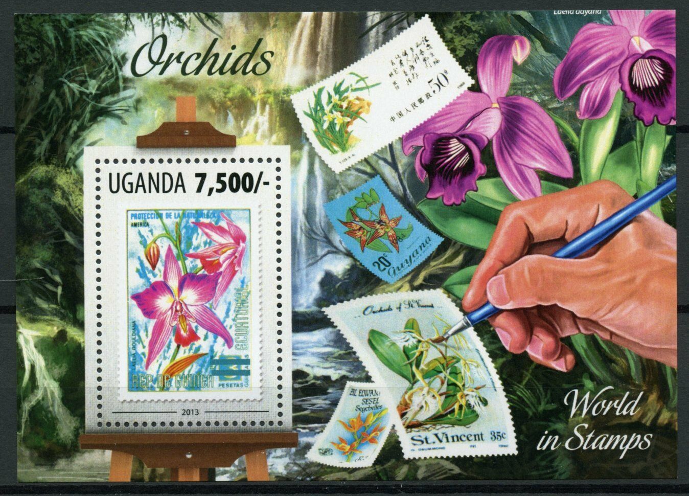 Uganda 2013 MNH Flowers Stamps Orchids Stamps-on-Stamps SOS Nature 1v S/S