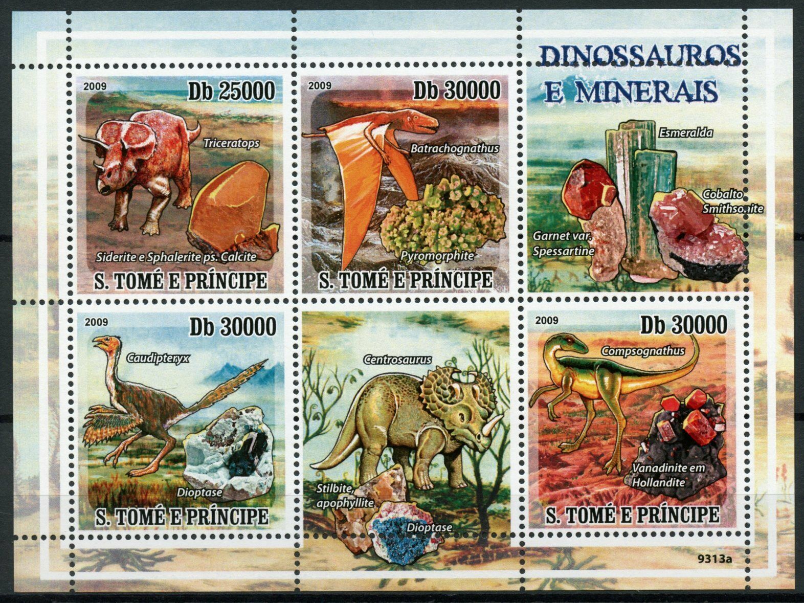 Sao Tome & Principe Dinosaurs & Minerals Stamps 2009 MNH Triceratops 4v M/S