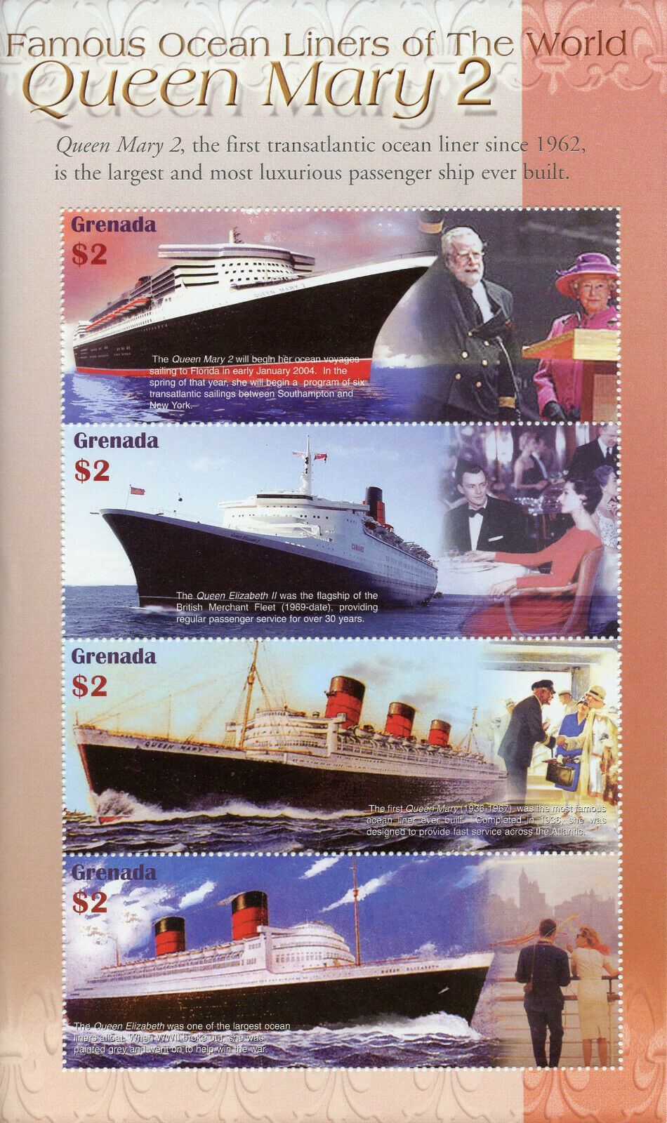 Grenada 2004 MNH Ships Stamps Famous Ocean Liners of World Queen Mary 2 4v M/S