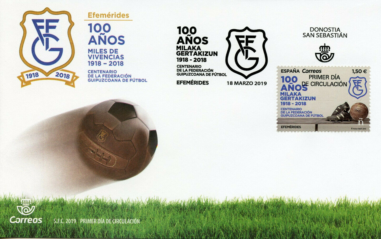 Spain 2019 FDC Federacion Guipuzcoana de Futbol 1v Cover Football Soccer Stamps