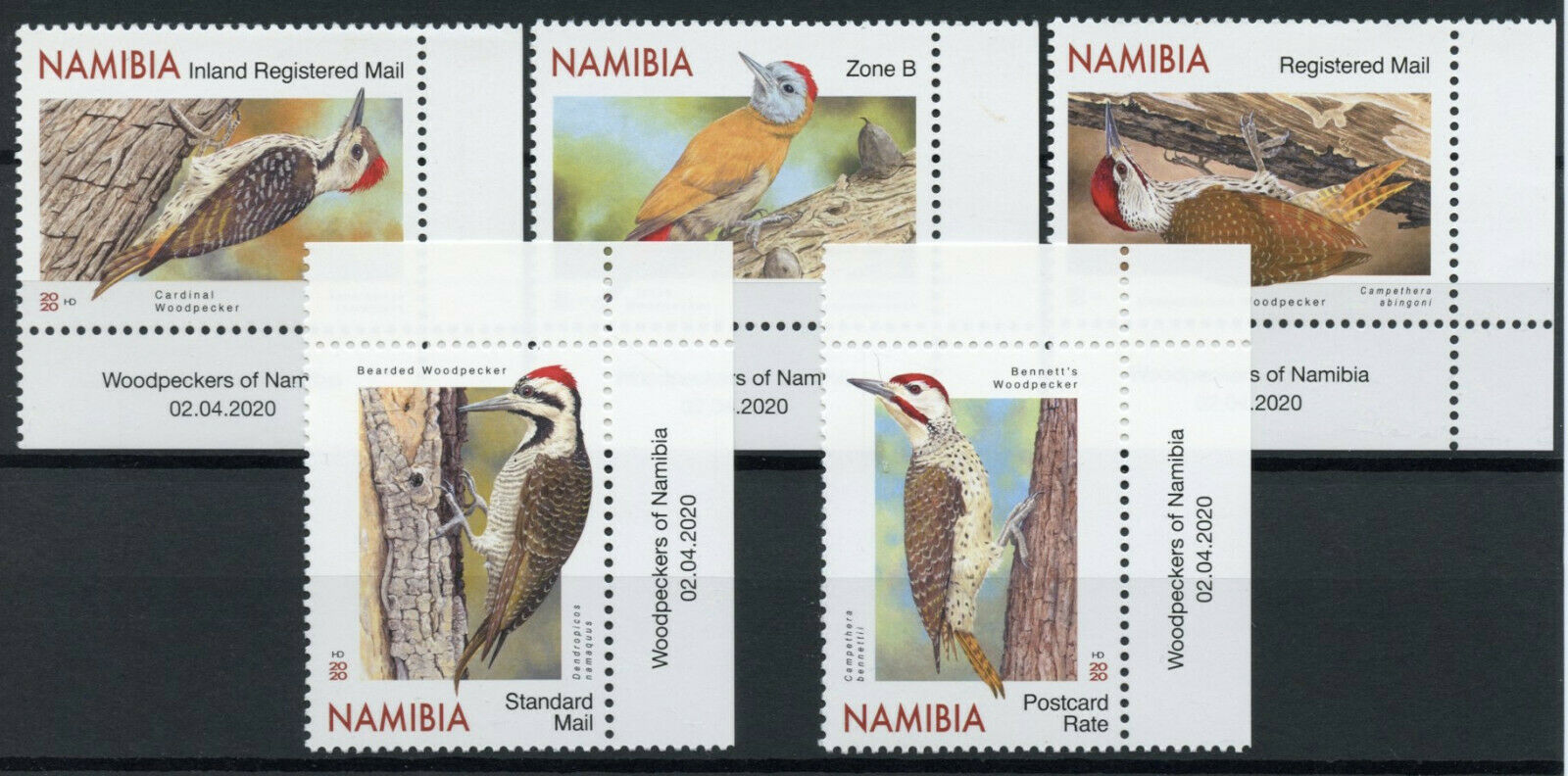 Namibia 2020 MNH Birds on Stamps Woodpeckers Cardinal Woodpecker 5v Set