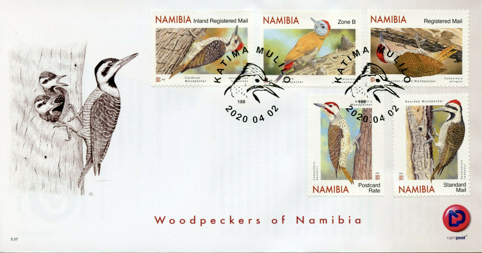 Namibia Birds on Stamps 2020 FDC Woodpeckers Cardinal Woodpecker 5v Set