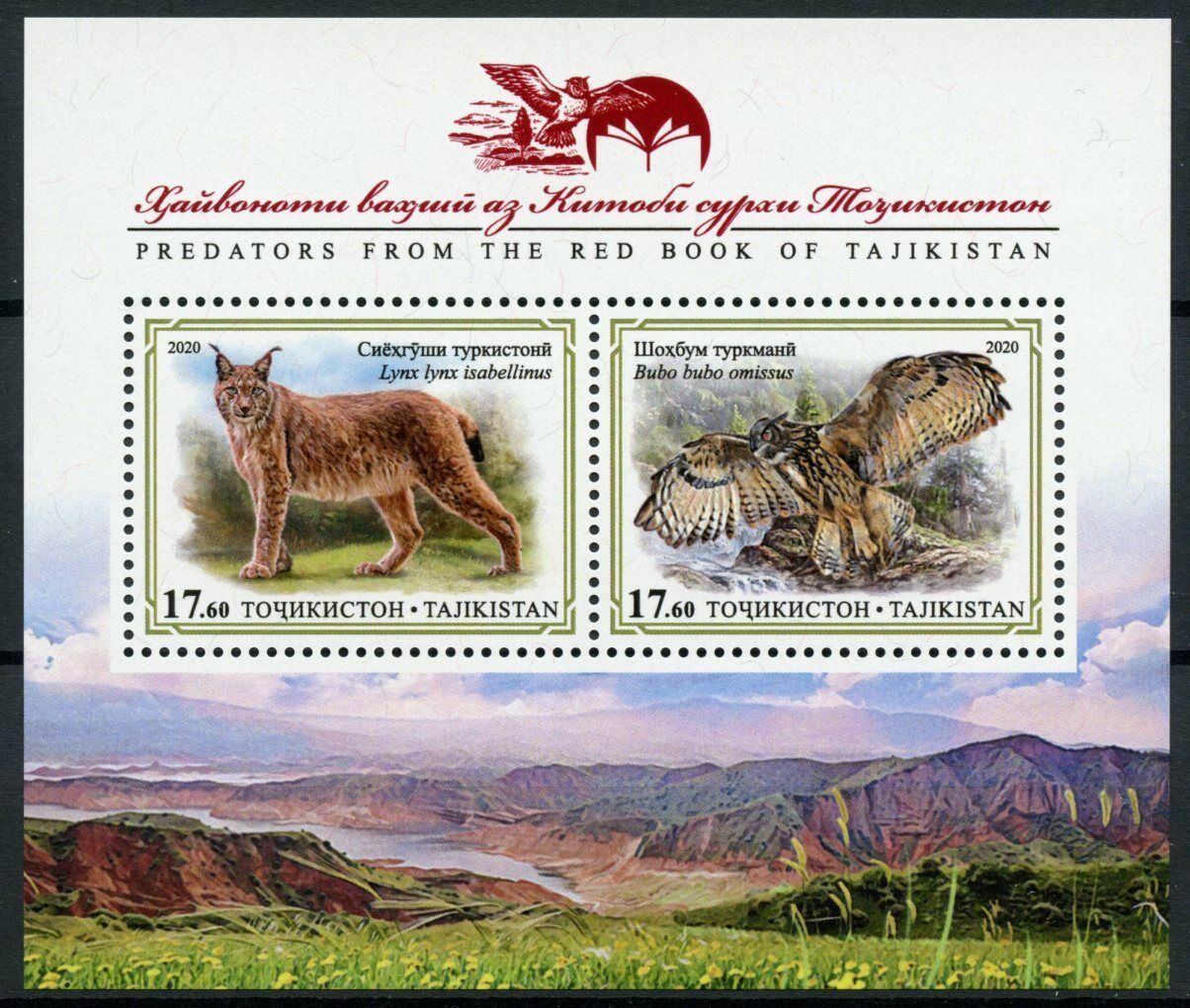 Tajikistan Stamps 2020 MNH Red Book Predators Owls Lynx Birds Fauna 2v M/S