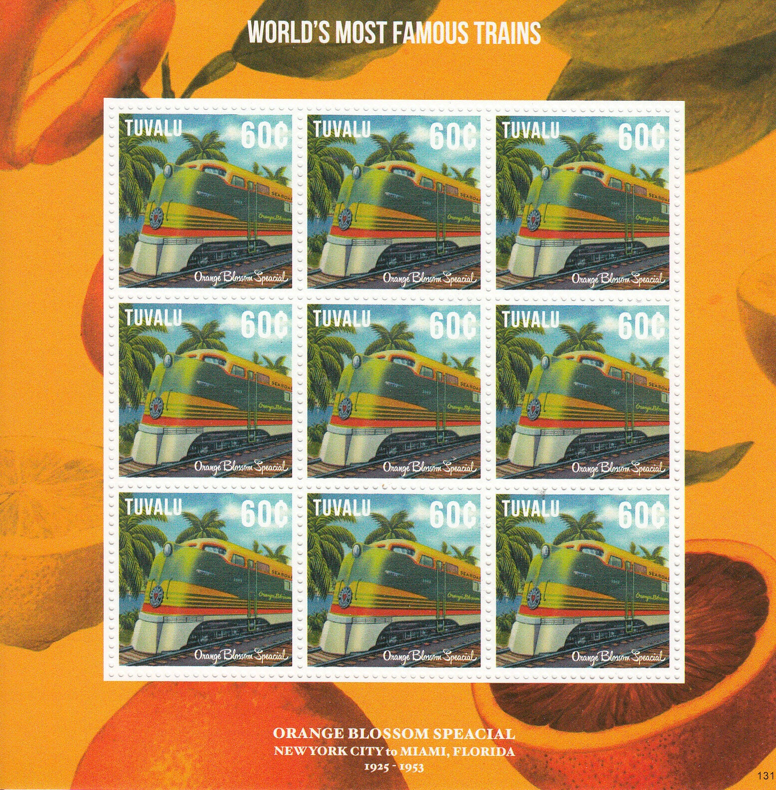 Tuvalu 2013 MNH World's Most Famous Trains 9v M/S Orange Blossom Special Stamps