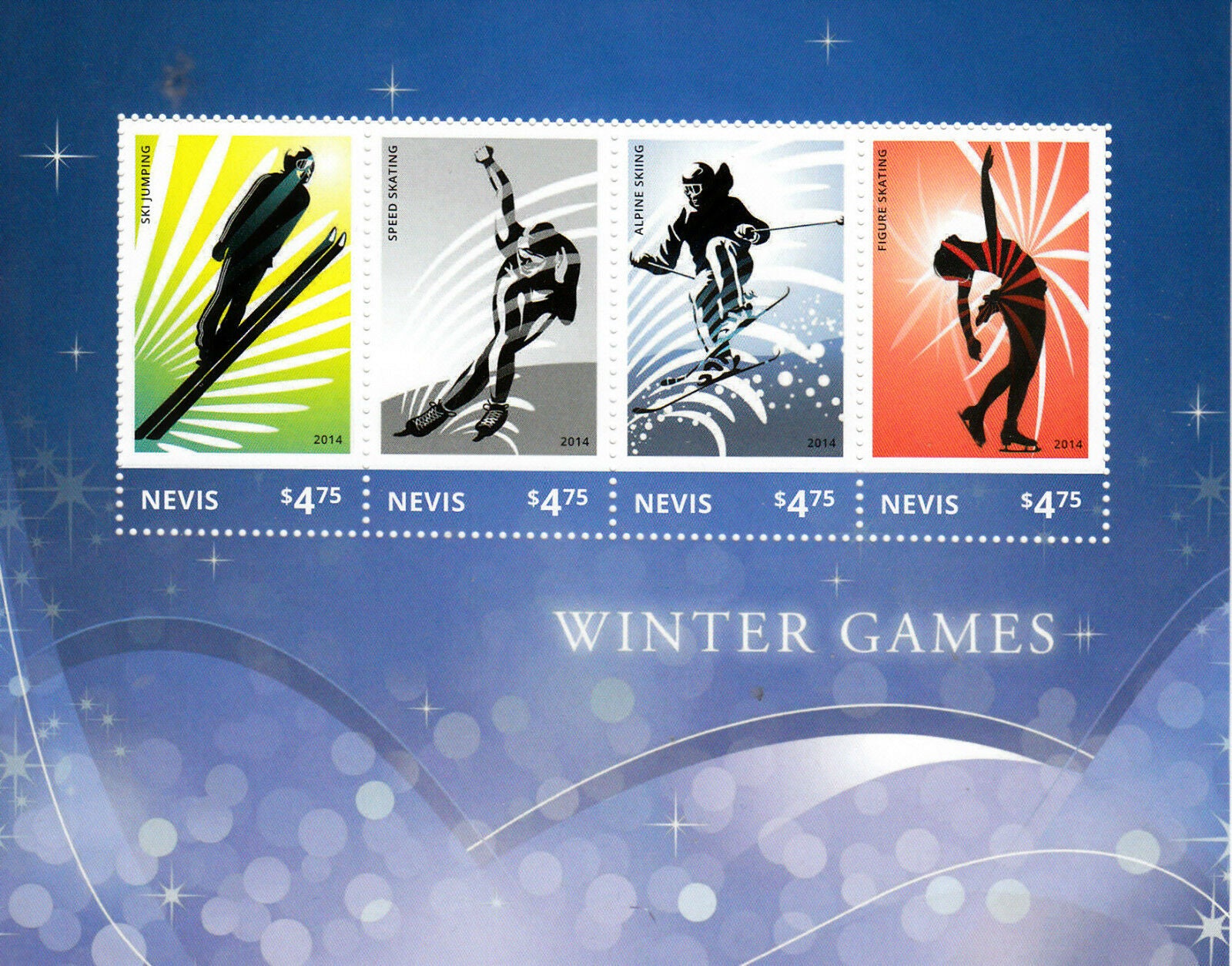 Nevis 2014 MNH Winter Games II 4v M/S Olympics Ski Jumping Speed Skating Figure