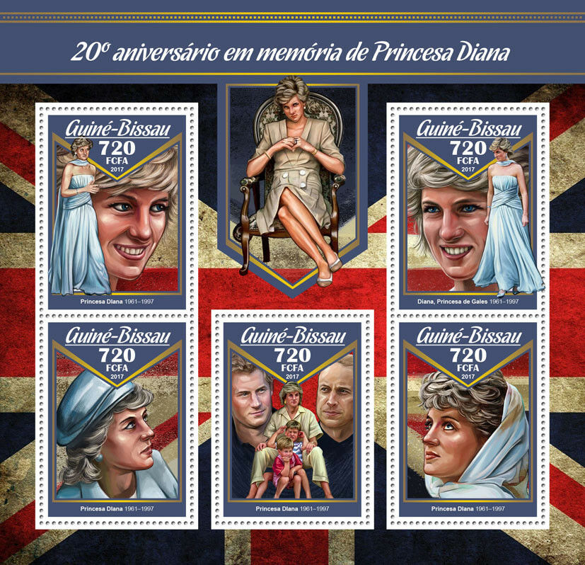 Guinea-Bissau 2017 MNH Princess Diana 20th Memorial 5v M/S Royalty Stamps