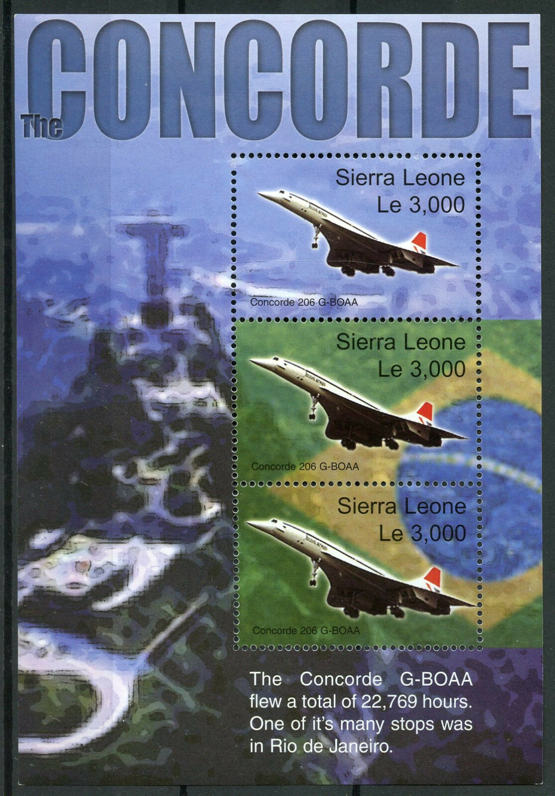 Sierra Leone Aviation Stamps 2003 MNH Concorde Over Brazil Christ Redeemer 3v MS