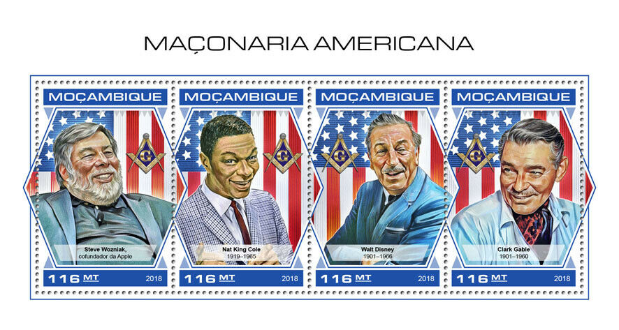 Mozambique Freemasons Stamps 2018 MNH Walt Disney Clark Gable Wozniak 4v M/S
