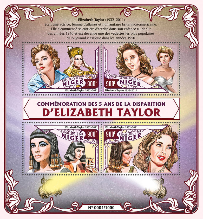 Niger 2016 MNH Elizabeth Liz Taylor 5th Memorial 4v M/S Movie Stars Stamps