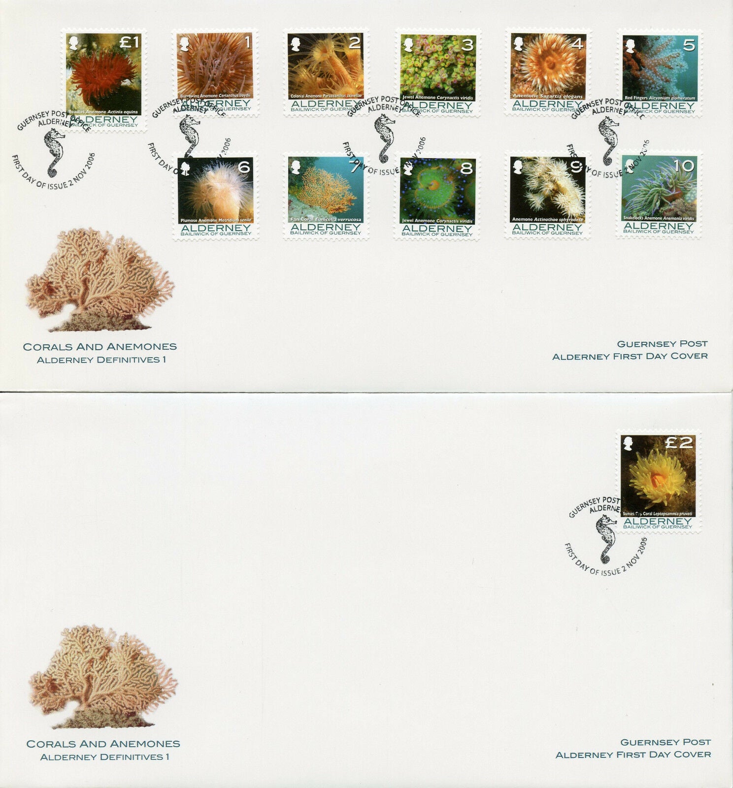 Alderney 2006 FDC Corals & Anemones Definitives Pt I 12v on 2 Covers Stamps