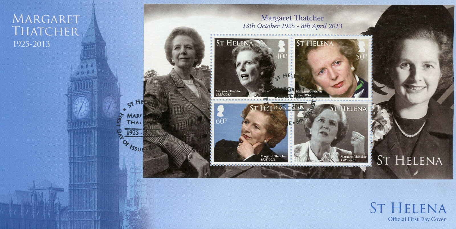 St Helena 2013 FDC People Stamps Margaret Thatcher Politicians Big Ben 4v M/S