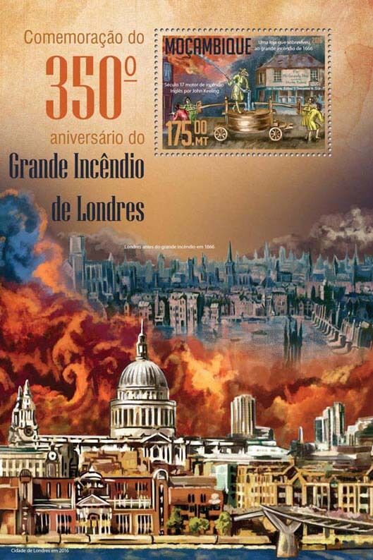 Mozambique 2016 MNH Great Fire of London 4v M/S Fire Engines Trucks Stamps