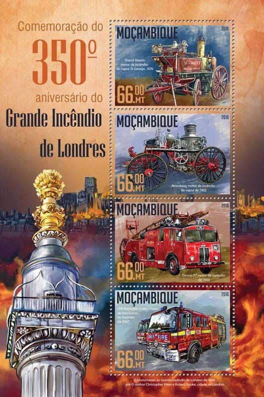 Mozambique 2016 MNH Great Fire of London 4v M/S Steam Fire Engines Trucks Stamps